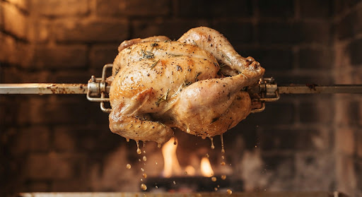 Pollo rostizado dorándose en el asador giratorio